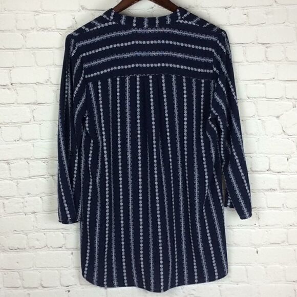 Sweet Wanderer crepe 3/4 sleeve draped pleated tunic size large navy pinstripe - Picture 3 of 11